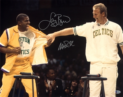 Larry Bird & Magic Johnson Dual Signed 16 x 20 Photograph From Birds Number Retirement Ceremony (Beckett)